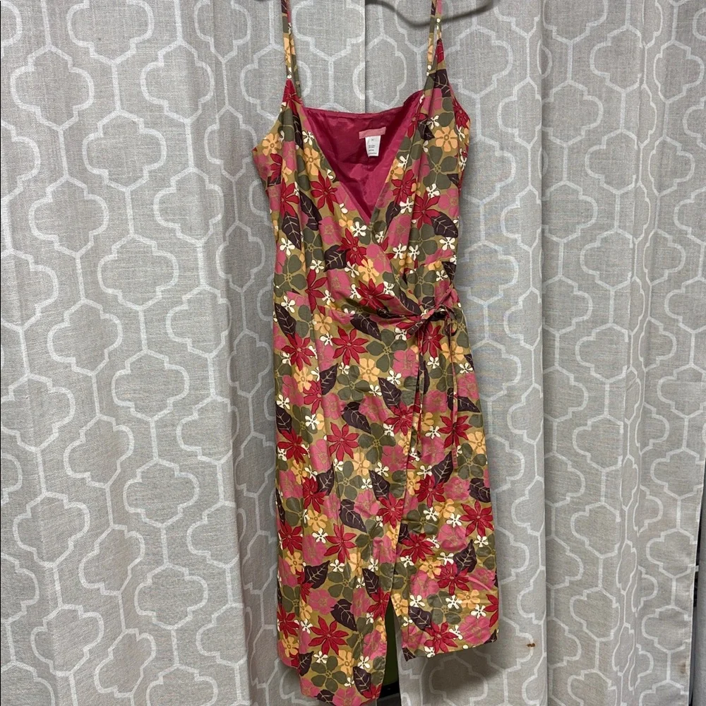 J. Crew Multicolor Floral knee length wrap Dress spaghetti straps Y2K size 14